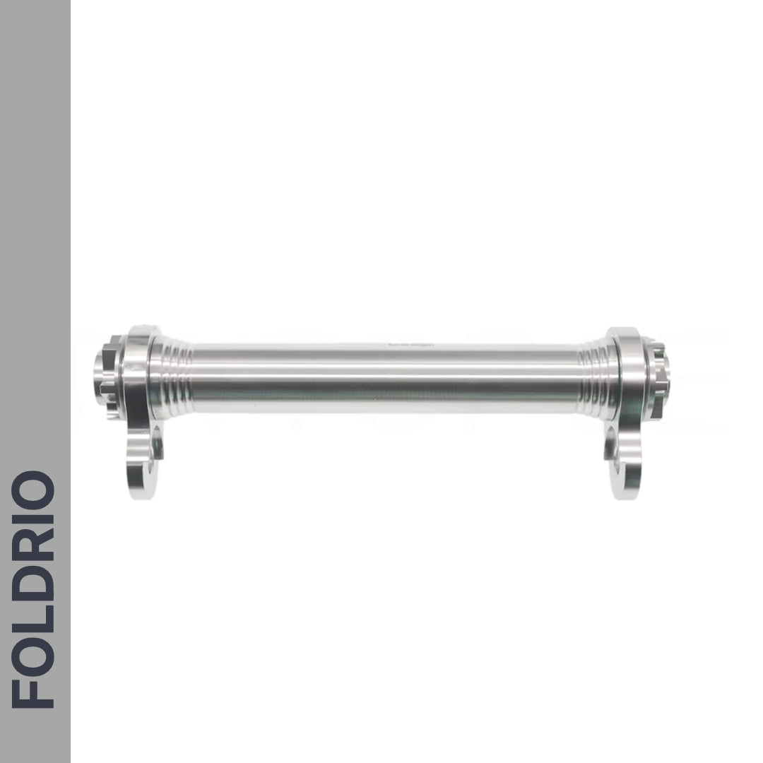 Brompton Brompton Easy Wheel & Extension Rod Set with silver axle displayed horizontally, "FOLDRIO" on gray sidebar | Foldrio. Foldrio