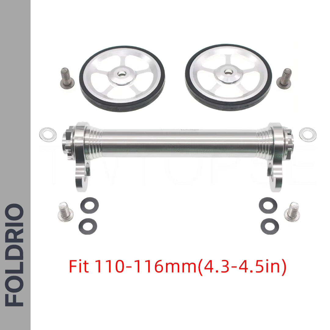 Brompton Brompton Easy Wheel & Extension Rod Set with CNC alloy wheels, silver hardware; fits 110-116mm. FOLDRIO on border | Foldrio. Foldrio