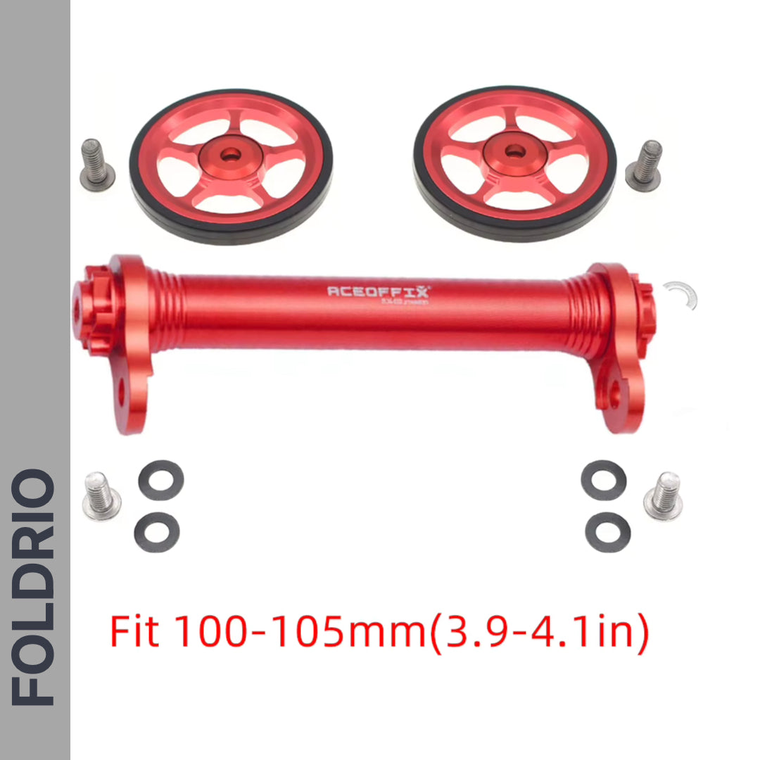 Brompton Brompton Easy Wheel & Extension Rod Set with red and black alloy wheels, mounting hardware, fits 100–105mm | Foldrio. Foldrio