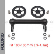 Brompton Brompton easy wheel & extension rod set, black CNC alloy wheels, fit 100-105mm, Foldrio branding left side | Foldrio. Foldrio
