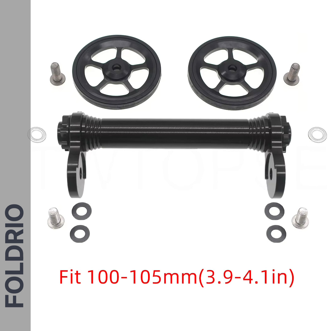 Brompton Brompton easy wheel & extension rod set, black CNC alloy wheels, fit 100-105mm, Foldrio branding left side | Foldrio. Foldrio