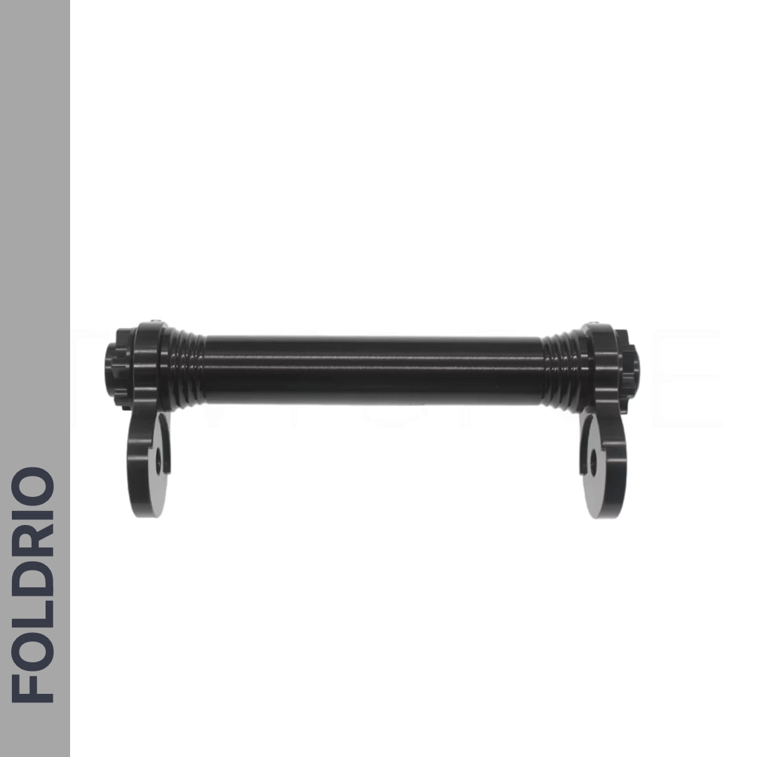 Brompton Brompton black axle with threaded ends and brackets, white background, left gray strip with FOLDRIO in bold blue | Foldrio. Foldrio