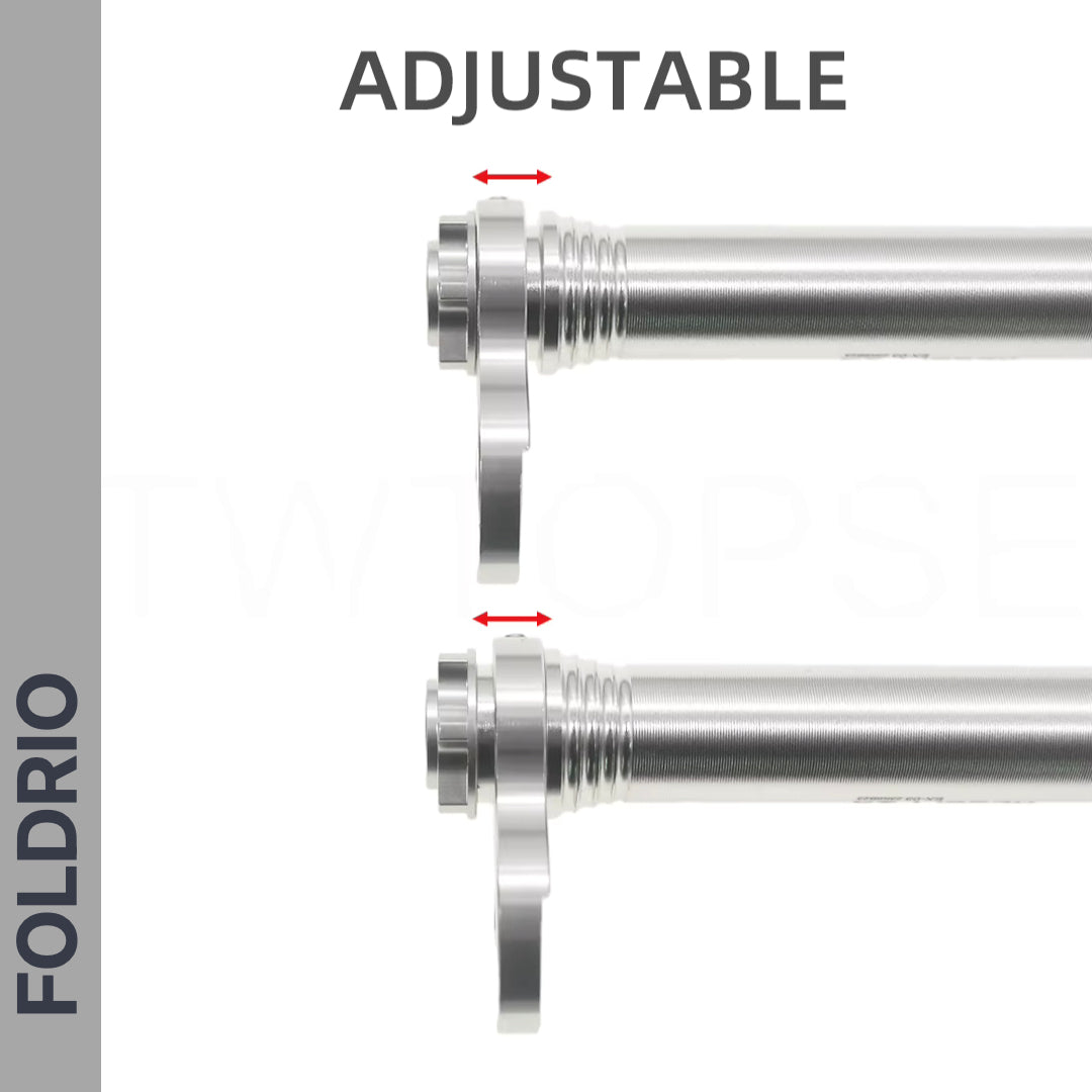 Brompton Brompton easy wheel and extension rods with threaded ends, levers, and red arrows highlighting adjustability | Foldrio. Foldrio