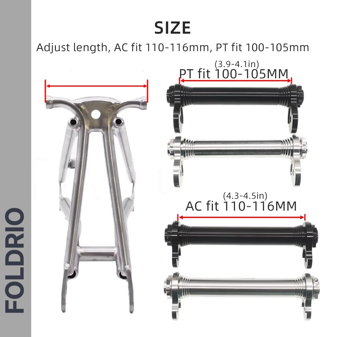 Brompton Brompton Easy Wheel & Extension Rod Set diagram; CNC alloy parts with PT 100-105mm, AC 110-116mm fit details | Foldrio. Foldrio
