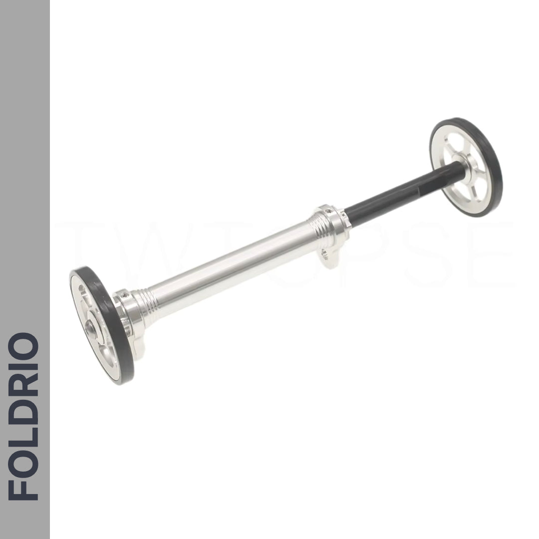 Brompton Brompton easy wheel and extension rod set with silver, black hub skewers and end caps on white background | Foldrio. Foldrio