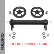 Brompton Brompton Easy Wheel & Extension Rod Set with 2 black alloy wheels, axle, bolts, washers; fits 110-116mm frames | Foldrio. Foldrio
