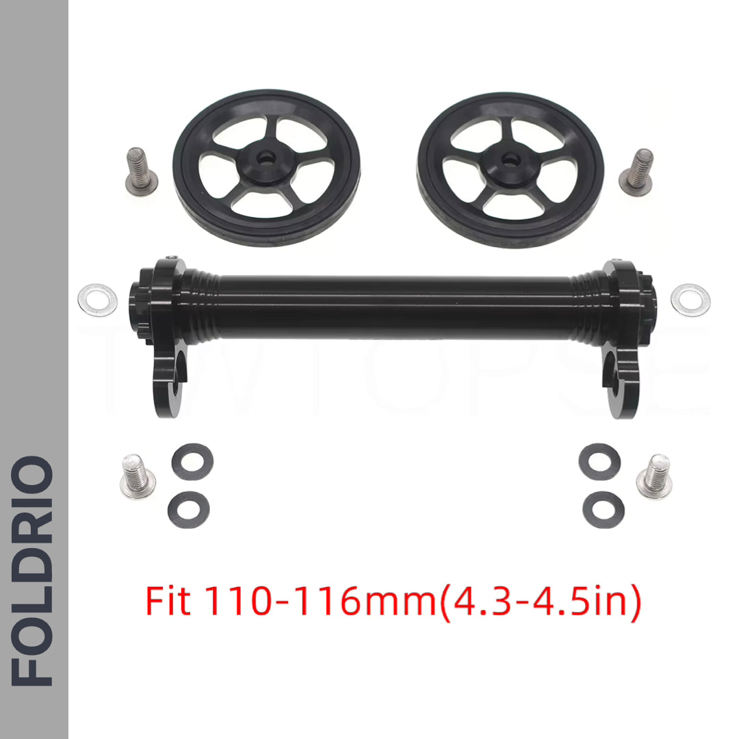 Brompton Brompton Easy Wheel & Extension Rod Set with 2 black alloy wheels, axle, bolts, washers; fits 110-116mm frames | Foldrio. Foldrio