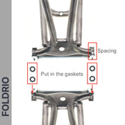 Brompton Brompton diagram: frame parts aligned, red boxes show gasket spots, arrows indicate spacing; Easy Wheel & Rod Set left | Foldrio. Foldrio