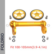 Brompton Brompton Easy Wheel & Extension Rod Set with two alloy wheels, bolts, washers, spacers; Fit 100-105mm shown | Foldrio. Foldrio
