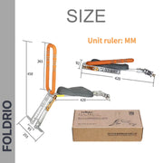 Brompton Brompton foldable camping chair dimensions with orange handles, shown packed in FOLDRIO box—fits outings with child seat | Foldrio. Foldrio