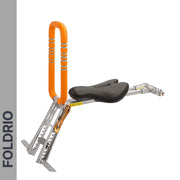 Brompton Brompton child seat with orange handlebar, black cushioned seat, foldable frame, and visible FOLDRIO branding | Foldrio. Foldrio
