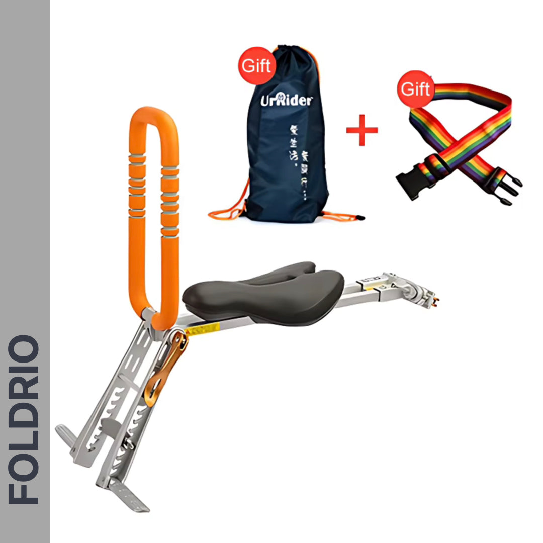 Brompton Brompton child seat with orange handlebar, black cushion, silver frame, safety bar, bag, belt; "FOLDRIO" logo | Foldrio. Foldrio