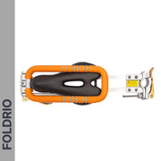 Brompton Brompton compact, folded orange and black child seat with safety bar on white, "FOLDRIO" in bold left | Foldrio. Foldrio