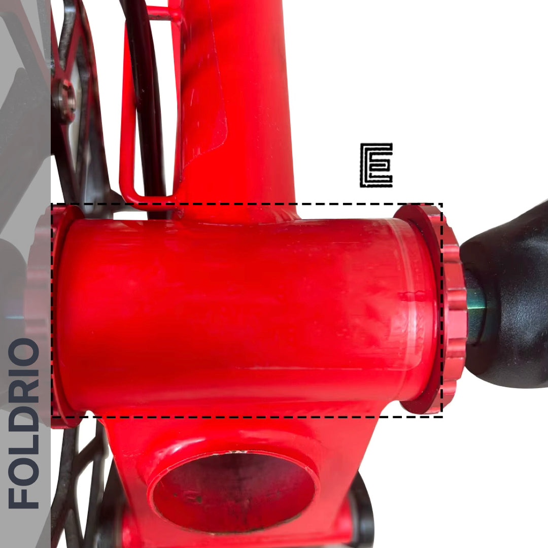 Brompton Brompton red bike bottom bracket highlighted with dashed box, showing Full Frame Film protection in place | Foldrio. Foldrio