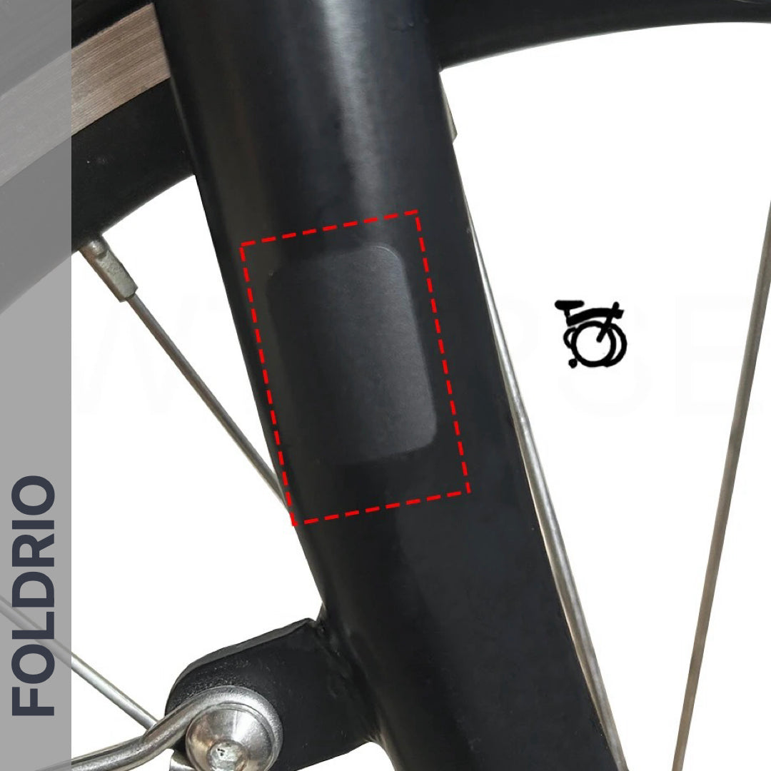 Brompton Brompton bicycle fork with red dashed patch highlights Full Frame Film Protective Sticker Set; FOLDRIO logo and bike icon | Foldrio. Foldrio