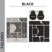 Brompton Brompton protective set with labeled black frame stickers, dust-absorber circles, product info, and FOLDRIO branding | Foldrio. Foldrio