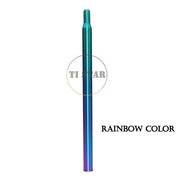 A slim, cylindrical Brompton Titanium Seatpost – Multicolour Edition by FOLDRIO with a gradient rainbow finish stands vertically on a white background. The text "RAINBOW COLOR" is displayed to its right.